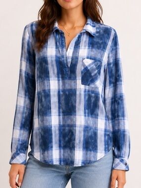 Side Stitch Blue Plaid Popover Shirt XL Lightweight Cotton Tie Dye Top
